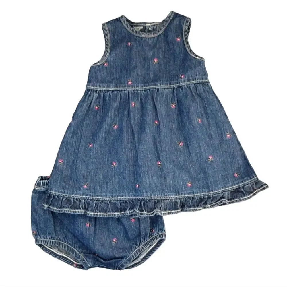 VTG 90s OshKosh 2 Piece Floral Denim‎ Jumper Jean Dress Set Girl's 6-9mos Cotton